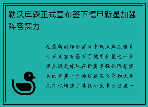 勒沃库森正式宣布签下德甲新星加强阵容实力